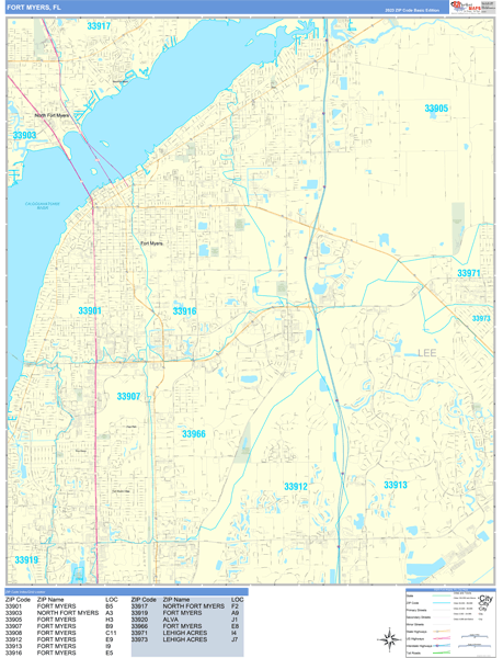 Fort Myers City Wall Map Basic Style